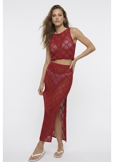 Neden Tekstil Dantel Görünümlü Ajurlu Beachwear Crop Top Ve Yırtmaçlı Uzun Etek Triko Takım - Kırmızı Neden Tekstil Dantel Görünümlü Ajurlu Beachwear Crop Top Ve Yırtmaçlı Uzun Etek Triko Takım - Kırmızı