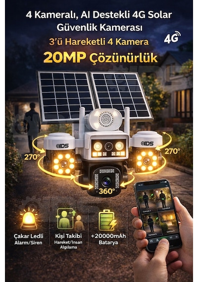 3 Otomatik 20mp 4 Kamera Solar 4g Güneş Enerjili Güvenlik Kamerası 128gb Sd Kart Ve 20gb İnternet
