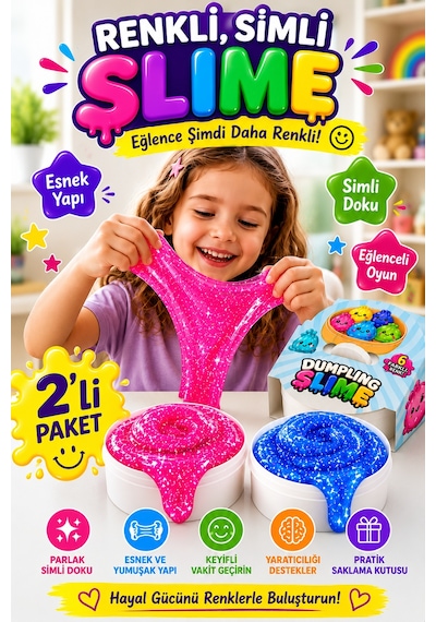2'li Slime Oyun Jeli Simli Streç Hamur Eğitici Duyusal Oyun Motor Beceri Geliştiren Oyuncak Renkli