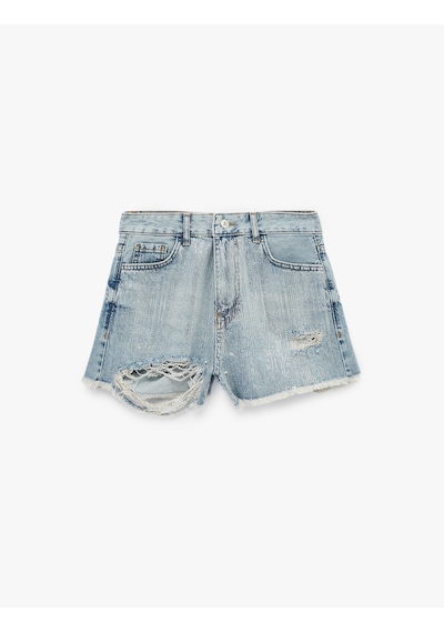 Koton Yüksek Bel Yıpratma Detaylı Taşlı Mini Denim Şort Orta İndigo 6sal40241md