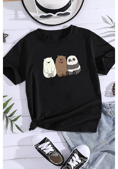 Uyguntarz Çocuk Kafadar Ayılar Baskılı Pamuklu Tshirt Siyah