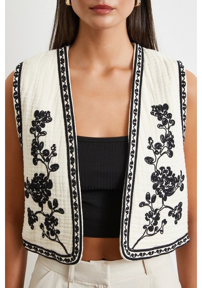 Never More Nakışlı Oversize Yelek Krem Krem