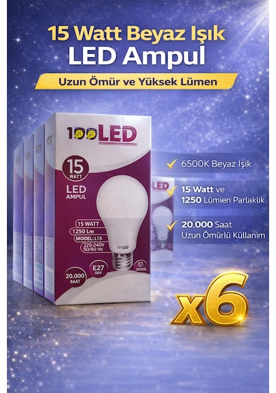 Led Ampul 15 Watt Beyaz Işık 6500k Yüksek Lümen E27 Duy Uzun Ömürlü 6 Adet