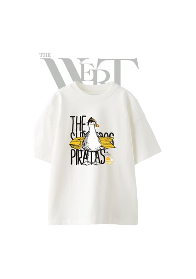 Thewert Seagull Surf Pirate Tasarım Baskılı Ünisex Beyaz Oversize T-shirt