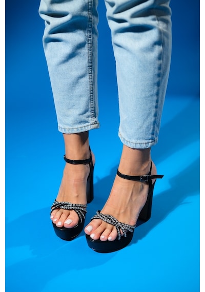 Luvishoes Monsey Siyah Taşlı Kadın Platform Topuklu Abiye Ayakkabı Siyah