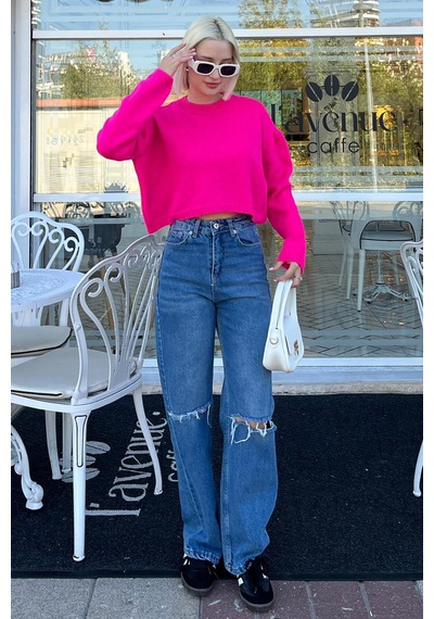 Madmext Fuşya Bisiklet Yaka Crop Kadın Kazak Mg2166 Fuşya