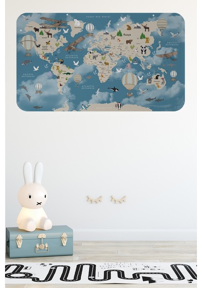 Eğitici Dünya Haritası Dünya Atlası Çocuk Ve Bebek Odası Duvar Sticker -60x105-3827 Çok Renkli