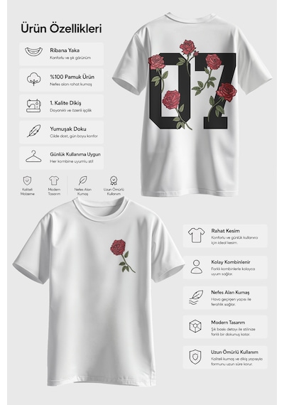 Spoyi Street Rose Tasarımlı %100 Pamuk Yarım Oversize Beyaz T-mhirt