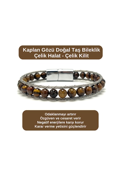 Sertifikalı Kaplan Gözü 6mm Doğal Taş Bileklik Çelik Halat Çelik Kilit Çok Renkli