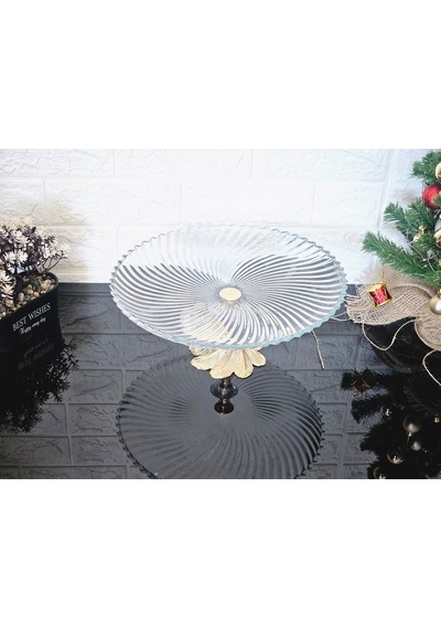 Büyük Boy 31 Cm Yuvarlak Sunumluk & Servi S Tabaği Döküm Semerkand Gold Ayak Beyaz