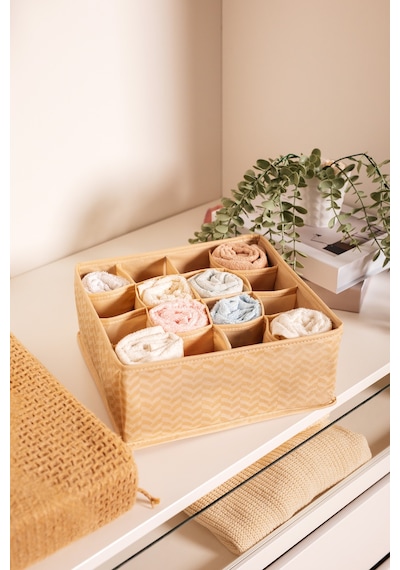 Serstil 16 Gözlü Çekmece İçi Dolap Çorap / İç Çamaşırı Katlanabilir Düzenleyici Organizer Kutu 28x28x12 Cm Martı Bej