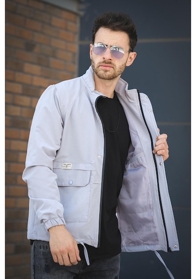 Oksit Juan Slim Fit Su İtici Bağcık Detaylı Kapüşonlu Erkek Mevsimlik Mont Yağmurluk Gri