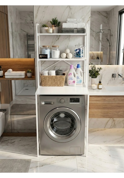 Çamaşır Makinesi Dolabı 2 Katlı Geniş Depolama Raf Ünitesi Metal Banyo Organizer Standı 260 Beyaz Çok Renkli