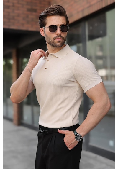 Madmext Taş Rengi Çıt Kapamalı Polo Yaka Triko Erkek Tişört E7493