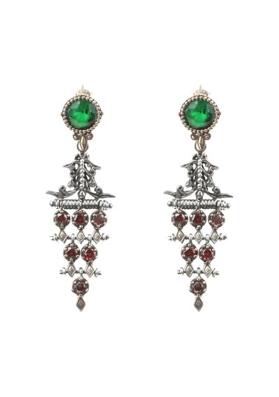 925 Ayar Gümüş Antik Zümrüt ve Garnet Taşlı Avize Küpe