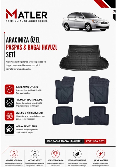 Hyundai Accent Era 2007 Model 4d Ekstra Havuzlu Paspas Ve Bagaj Havuzu Set
