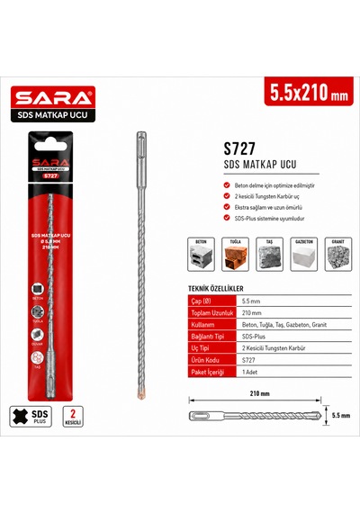 Sara S727 Sds Plus Matkap Ucu 5,5 X 210 Mm, 2 Kesicili Tungsten Karbür Uçlu
