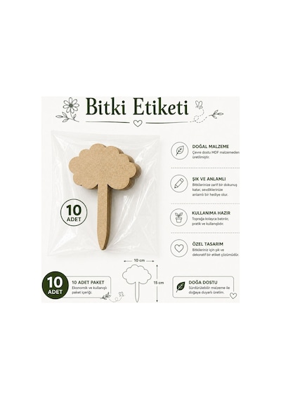 Arliadesign Kişiye Özel Ahşap Bitki Etiketi 10'lu Set / Bulut Şekilli 3 Mm Ham Mdf Saksı Mini Bahçe Etiketi