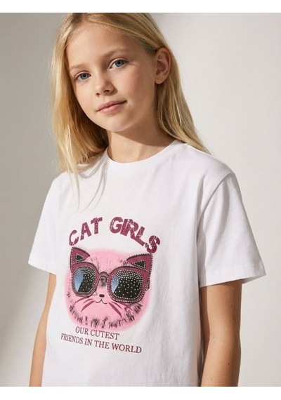 Zekids Kız Çocuk Cat Girls Baskılı T-shirt-17186 Ekru