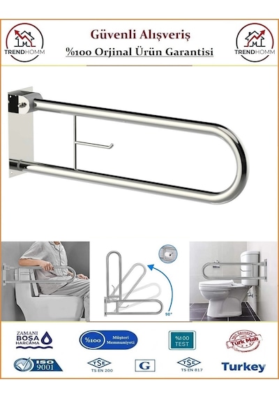Trendhomm Mafsallı Engelli Tutunma Barı - Bedensel Engelli Tutunma Barı - 73x23 Krom