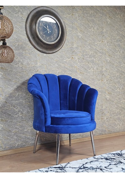 Zafir Tekli İstiridye Krom Kaplama Sivriltme Ayak Çay Seti Koltuk Tekli Berjer , Balkon, Salon, Ofis Mavi