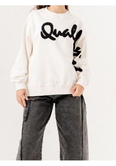 Kız Çocuk Quality Yazılı Pamuklu Sweatshirt-14780 Ekru