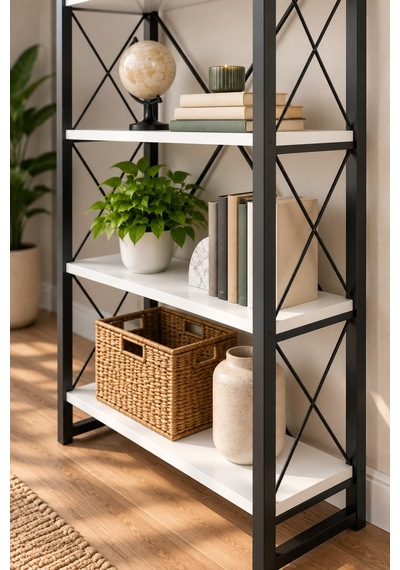 Sulorahome 5 Raflı Metal Kitaplık Beyaz Ve Siyah Beyaz - Siyah