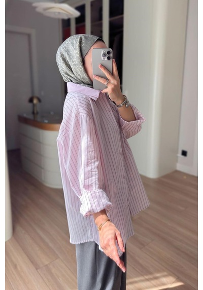 Kahijab Önü Katlı Çizgili Gömlek - Pembe