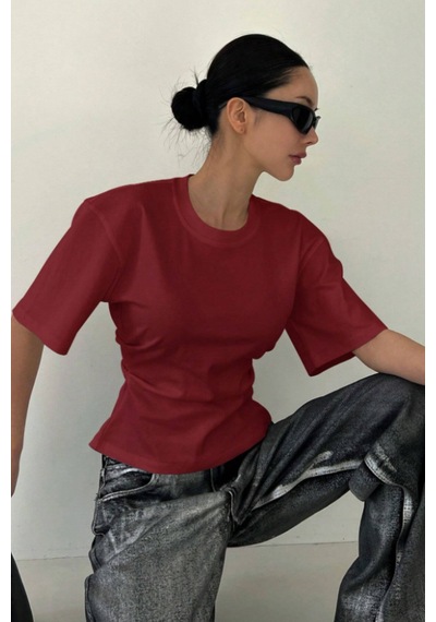 Kadın Bordo Kısa Kollu Sırt Dekolteli Slim Fit Bluz/t-shirt Bordo