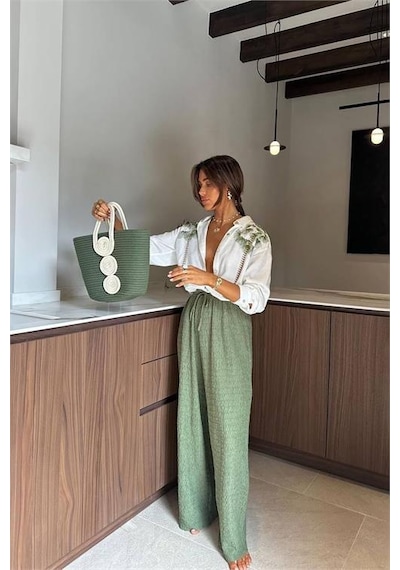 Neşeli Butik Kadın Nakış Detaylı Gömlek Pantolon İkili Keten Takım Nbemp2514 Yeşil