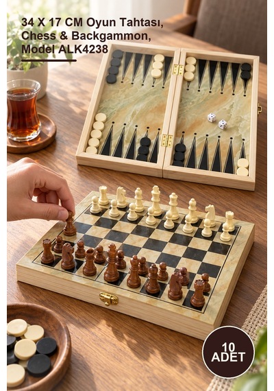 10 Adet Ahşap Satranç Ve Tavla Seti 34 X 17 Cm Oyun Tahtası, Chess & Backgammon, Model Alk4238