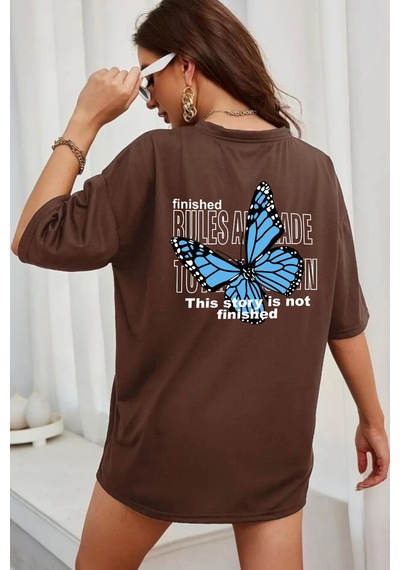 Unisex Kelebek Baskılı T-shirt Kahverengi
