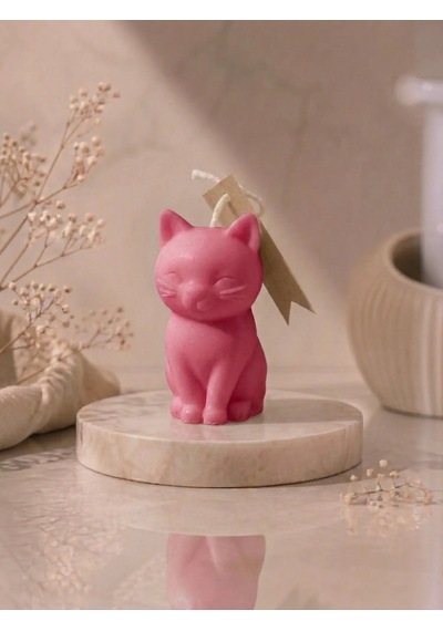 Mumelia Sevimli Kedi - Doğal Soya Dekoratif Mum - Derin Pembe