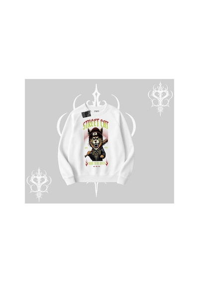 Tarzsokak Street Cat Kedi Baskılı Biskilet Sweatshirt Beyaz