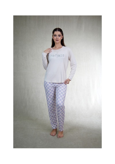 Estiva Kadın Kareli Alt Desenli Soft Uzun Kollu Pijama Takımı Bej