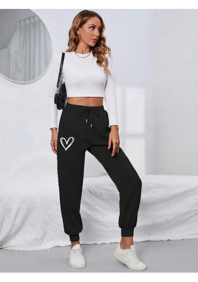 Heart Print Drawstring Waist 4 Mevsim Eşofman Siyah
