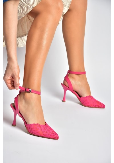 Fox Shoes Y752044206 Fuşya Dantelli İnce Topuklu Kadın Ayakkabı