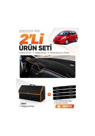 E-biz Honda Jazz 2009-2013 Uyumlu Torpido Örtüsü + Deri Bagaj Çantası - Siyah-kahverengi - Ho017