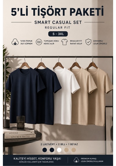 Masion Rae Erkek 5'li Basic Tişört Seti Regular Fit Bisiklet Yaka %100 Pamuk 30/1 Süprem Lacivert-lacivert-bej-bej-beyaz
