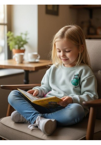 Kız Çocuk Pamuklu Tavşan Desenli İnce Uzun Kollu Sweatshirt-16335 Yeşil