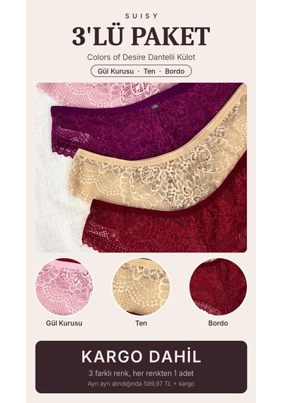 Suısy Colors Of Desire Dantelli Külot 3'lü Paket Siyah - Beyaz - Lacivert Çok Renkli