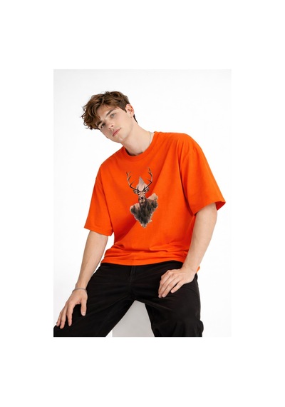 Misa Tahtakale Deer - Oversize Erkek Tişört Turuncu Çok Renkli