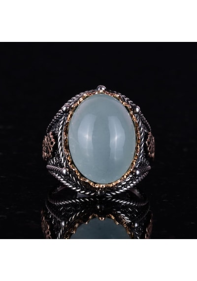Doğal Cabochon Akuamarin Taş Yüzük, Huzurlu 925k Katı Gümüş Erkek Yüzüğü, Sakin Deniz Tasarımı Gümüş