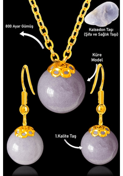Sertifikalı Gold Küre Model Mavi Kalsedon Taşı Kolye Ve Küpe Seti Çok Renkli