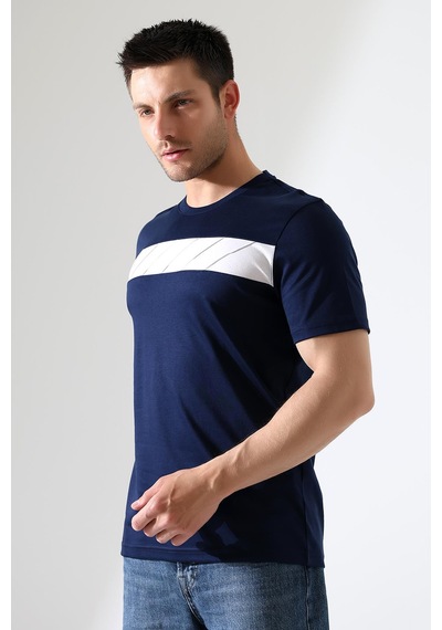 Rıbana Classıc Erkek İki Renk Parçalı Bisiklet Yaka T-shirt - Pamuklu Tişört Lacivert