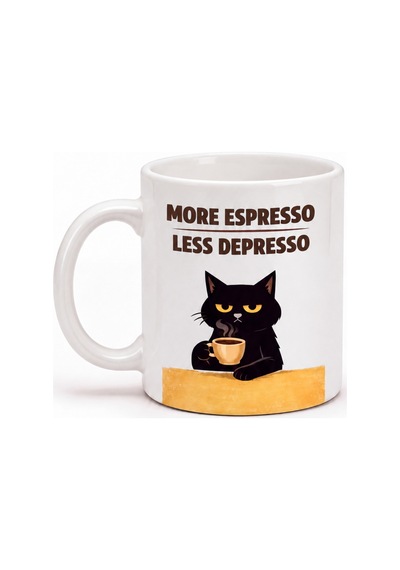 Less Depresso Yazılı Kupa Bardak Komik Kedi Tasarımlı Baskılı Porselen Hediye Kupa Bardak Beyaz
