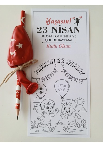 23 Nisan Boyama Kartı Türk Bayraklı Balon Ve Kalem 30 Adet Çok Renkli