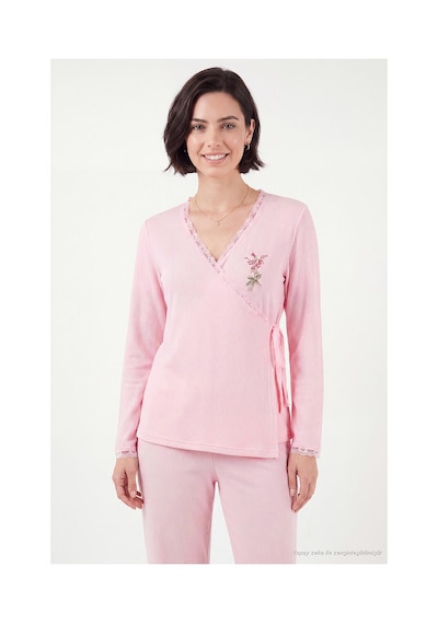 Lela Desenli Dantel Detaylı Bağlamalı Uzun Kollu Pijama Takımı Kadın Pijama Takımı 6575024 Pembe
