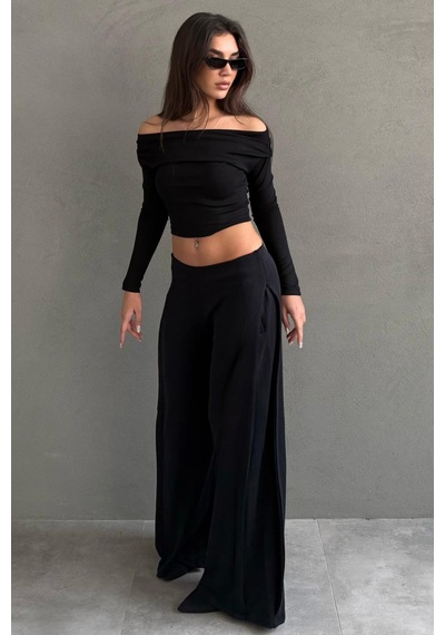 Madmext Siyah Yumuşak Dokunuşlu, Yanları Pilili, Modal İçeren Geniş Paça Pantolon Mg2668