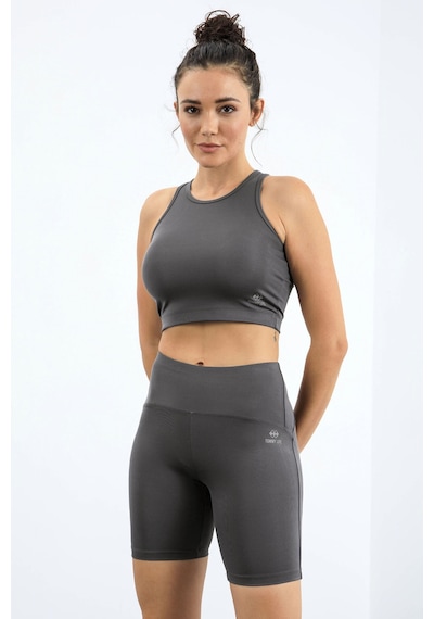 Tommylife Koyu Gri Yüksek Bel Toparlayıcı Dar Kalıp Crop Biker Kadın Tayt Takım - 95302